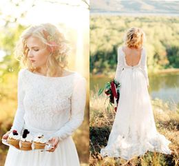 Country Backless Wedding Dress Jewel Neck Long Sleeves Lace Designer Boho Chiffon Court Train Wedding Bridal Dresses Gowns