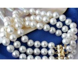 3 ROW 9-10mm AKOYA WHITE PEARL BRACELET Beaded Hand Chains GOLD CLASP