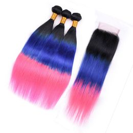 Three Tone Coloured #1B/Blue/Pink Ombre Peruvian Virgin Human Hair Weaves 3 Bundle Deals with 4x4 Lace Top Closure Silky Straight