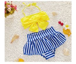 Cute Baby Girls Big Bow Bikini 2 Pieces Swimwear Sets hot sell baby girls bathsuit flower girl's beachwear striped shorts