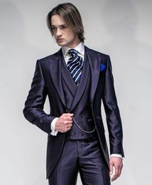 2018 New Italian Tailcoat Design Dinner Prom Navy Blue Men Suit Slim Fit Wedding Suits For Men Groom Tuxedos Bridegroom ( jacket+Pants+vest)