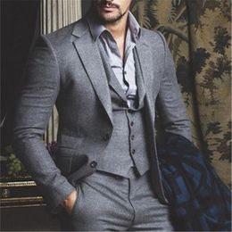 Autumn Winter Fashion Grey Tweed Groom Tuxedos Notch Lapel Two Button Men Wedding Dress Excellent Men 3 Piece Suit(Jacket+Pants+Tie+Vest) 88