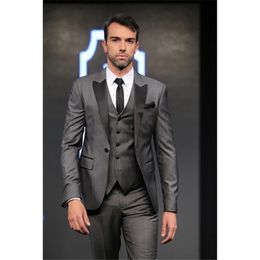 Brand New Groomsmen Grey Groom Tuxedos Peak Black Satin Lapel Men Suits Wedding Best Man Bridegroom (Jacket + Pants + Vest + Tie) L73