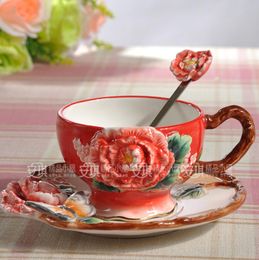 Tea coffee mug ceramic Red peony flower milk mug home decor craft room wedding decoration porcelain figurine Cups & Saucers gift