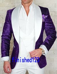 Latest Design One Button Purple Groom Tuxedos Shawl Lapel Groomsmen Best Man Mens Wedding Suits (Jacket+Pants+Vest+Tie) D:292