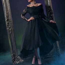 Sexy Black Lace A Line Evening Dresses Tea Length Long Sleeves Prom Gowns Sexy Boat Neck Appliques Illusion Red Carpet Dress Evening Gowns