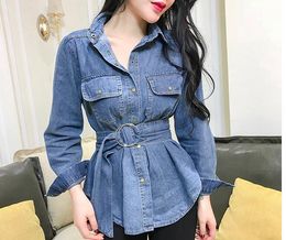 New fashion Women's turn down collar korean design long sleeve loose sashes asymmetric denim jeans blouse shirt plus size ML