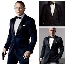 007 James Bond Dark Blue Groom Tuxedos Jacket+Pant+Tie Mens Fashion Tux Tuxedos Boyfriend Blazer Bridegroom Mens Clothing Speech