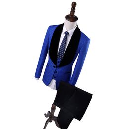 Embossing Groomsmen Shawl Lapel Sky Blue Groom Tuxedos One Button Men Suits Wedding/Prom/Dinner Man Blazer Jacket Pants Tie Vest