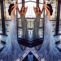 Luxury Rinestone Beading Prom Dresses Deep V-Neck Sexy Backless Tulle Mermaid Evening Dress Saudi Arabia See Through Robes De Soiree