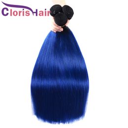 cheap ombre hair Canada - Colored T1B Blue Ombre Brazilian Virgin Human Hair Weaves Cheap Dark Roots Silky Straight Mink Brazillian Ombre Hair Extentions 3 Bundles