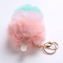 Fur Pom Pom Cream Keychain Keyring Holder Cover Women Bag Charms Ornaments Pendant Jewellery Accessories