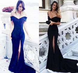 Navy Blue Mermaid Evening Dresses 2018 Off The Shoulder Satin Split Long Black Prom Dresses Sexy Simple Formal Dress