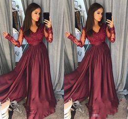 Sexy Bury 2K18 Prom Dresses V Neck Lace Appliques Illusion Long Sleeves Satin Sweep Train Plus Size Formal Party Wear Evening Gowns