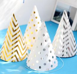 Happy Birthday Funny Party Cone Hat New Years Hat Celebration Decor Gold Silver Stripes Elastic Neck Straps for children