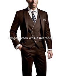 High Quality Groomsmen Peak Lapel Groom Tuxedos Brown Men Suits Wedding/Prom/Dinner Best Man Blazer(Jacket+Pants+Tie+Vest) K809