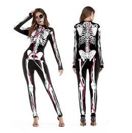 2018 New Halloween Cosplay Ternos para As Mulheres Padrão de Esqueleto Humano Trajes Festa de Halloween Skintight Impresso Bodysuit de Manga Longa