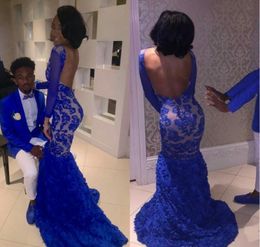 2019 Royal Blue Lace Prom Dress Mermaid Bateau Long Formal Pageant Holidays Wear Graduation Evening Party Gown Custom Made Plus Size