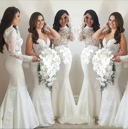 Stunning Long Sleeve Lace Mermaid Bridesmaid Dresses High Neck Arabic Long Party Evening Gowns Sleveless Formal Prom Dress Maid of honor