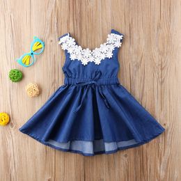 2018 New Girls Dresses Kids Clothing Baby Girl Summer Lace Flower Denim Dress Princess Party Pageant Baby Dress Children Sleeveless Sundress