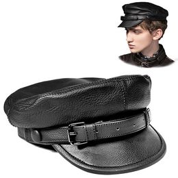 Unisex South Korean Style Genuine Leather Fitted Flat Hat For Man Woman Personality Locomotive Punk Black Baseball Caps