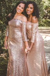 Sequins Bridesmaid Dresses 2018 Off the Shoulder 3 Quarter Sleeves Rose Gold Sheath Bridal Party Dress Floor Length