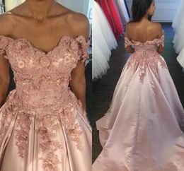 New Baby Pink Prom Dresses Off Shoulder Lace Applique Beaded 3D Flowers Open Back Court Train Satin Formal Party Wear Evening Gowns