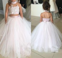 Flower Dresses Blush Pink High Neck Two Pieces Lace 3D Floral Appliques Tulle Beaded Princess Birthday Party Girls Pageant Gowns