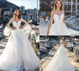 Luxury Beach Wedding Dresses With Detachable Skirt Deep V Neck Sexy Backless Country Bridal Gowns With Cape Plus Size Mermaid Wedding Dress