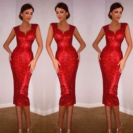 Sparkly Sequins Cocktail Dresses Sheath Column Red Tea Length Cocktail Party Dress Sleeveless Elegatn Formal Wear Evening Gown 2019