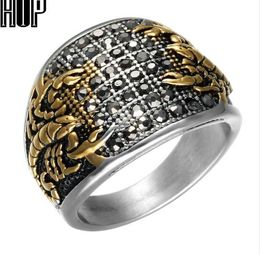 HIP Punk Vintage Black Crystal Scorpion Pattern Mens Ring Gold Colour Round Stainless Steel Titanium Rings for Men Jewellery