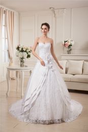 Custom Made Women Bridal Dress White Satin Lace Sweetheart Chapel Train Ball Gown Wedding Dress 2018