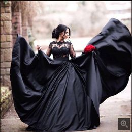 Gothic Black Colorful Wedding Dresses With Color Long Sleeves Illusion Bodice Short Train Non White Bridal Gowns Custom Made