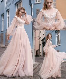 Trendy Illusion Puffy Long Sleeve Arabic Wedding Dresses Blush Pink Plus Size Lace African Country Vestido de novia Formal Bridal Gown