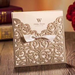 Luxury Wedding Invitations Card Laser Cut with Bow Event & Party Supplies White/Gold