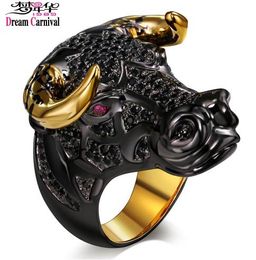 DreamCarnival 1989 Lucky Black Bull with Golden Colour Horns Punk Hip Hop CZ Big Ring for Unisex Men Women Unique Street Fashion