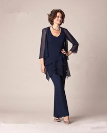 New Elegant Navy Blue Long Sleeves Chiffon Mother Of the Bride Pant Suits with Jacket Formal Mother Pants Suits Party Dresses