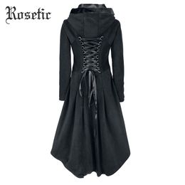 Wholesale-Rosetic Gothic Asymmetric Coat Vintage Lace-Up Autumn Winter Women Black Trench Outerwear Casual Dark Streetwear Retro Goth Coat