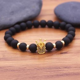 2018 New Trendy Pave King Crown Charm Bracelets Elasticity Adjust Size Men Natural Bianshi Stone Beads for Women Men Jewelry