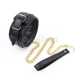 Bondage Luxury Slave Padded Leather Collar Gold Chian Leash Neck choker Restraint Toy #R45