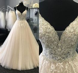 2018 Spaghetti Wedding Dresses A-line Lace AppliqueTulle Rhinestones Beaded Draped Open Back Party Dresses For Bride Bridal Dress