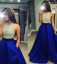 New Arrival Blue With Silver Beads Crystal Prom Dresses Latest Floor Length Custom Made Evening Gowns Plus Size Paryt Dresses