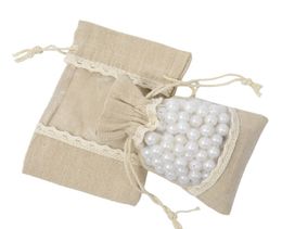 200pcs/lot 10x14cm Lace Jute Burlap Bag With Transparent PVC Window Jewellery beads Drawstring Pouch Wedding gift bags