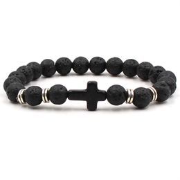 Natural Black Lava Stone Cross Elastic Bracelet Aromatherapy Essential Oil Diffuser Bracelet Fo Men Jewellery