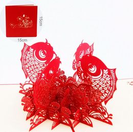 Nouvel an chinois Koi rouge poisson 3D pop-up carte de voeux laser découpe enveloppe carte postale creux sculpté cadeau de bonne année
