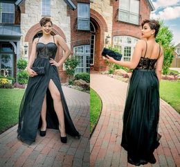 Sexy Black Evening Dresses Long Formal Dress Spaghetti Straps Illusion Top See Through Bodice Lace Appliques High Split Prom Party Gown