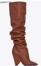 2018 moda donna punta a punta stivali alti al ginocchio Stivaletti in pelle marrone Donna slip on Stivali scarpe da festa stivali con tacco a spillo