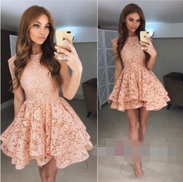 Pink New Arrival Short Cap Sleeves Homecoming Dresses Lace Appliqued A Line Party Tail Prom Dress Cheap Mini Formal Gowns