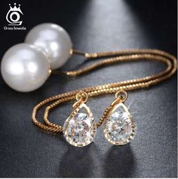 -Orsa Jewels New Water Drop Fiable Austriaco Crystal Long Stud Pendientes con gran perla Joyas de color dorado elegantes para mujeres OME27