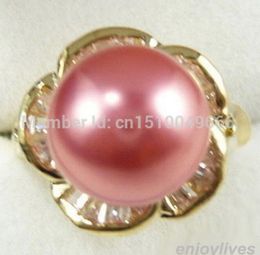 FREE SHIP >>Pink South Sea Shell Pearl Yellow Crystal Flower Ring Size:7.8.9